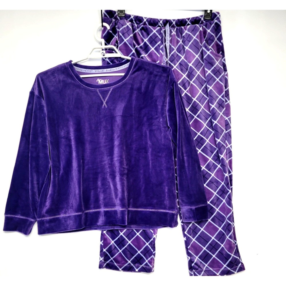 Muk Luks 2 Piece Pajama Set Super Soft Velour Plaid Pockets Womens PXL Purple